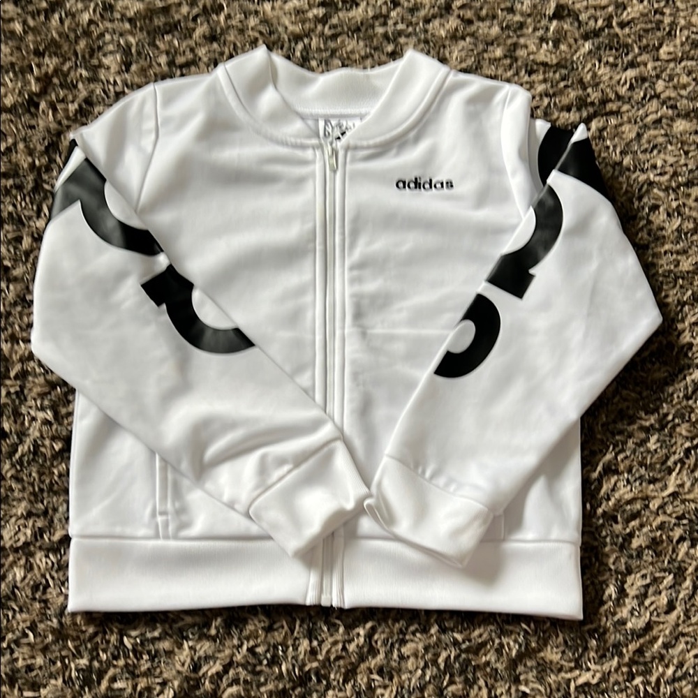 Adidas White and Black Track Jacket with Bold Adidas Lettering Size M 7/8